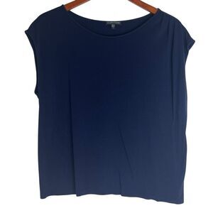 Eileen Fisher Womens Ballet Neck Jersey Knit Cap Sleeve Top Navy Blue Sz Medium